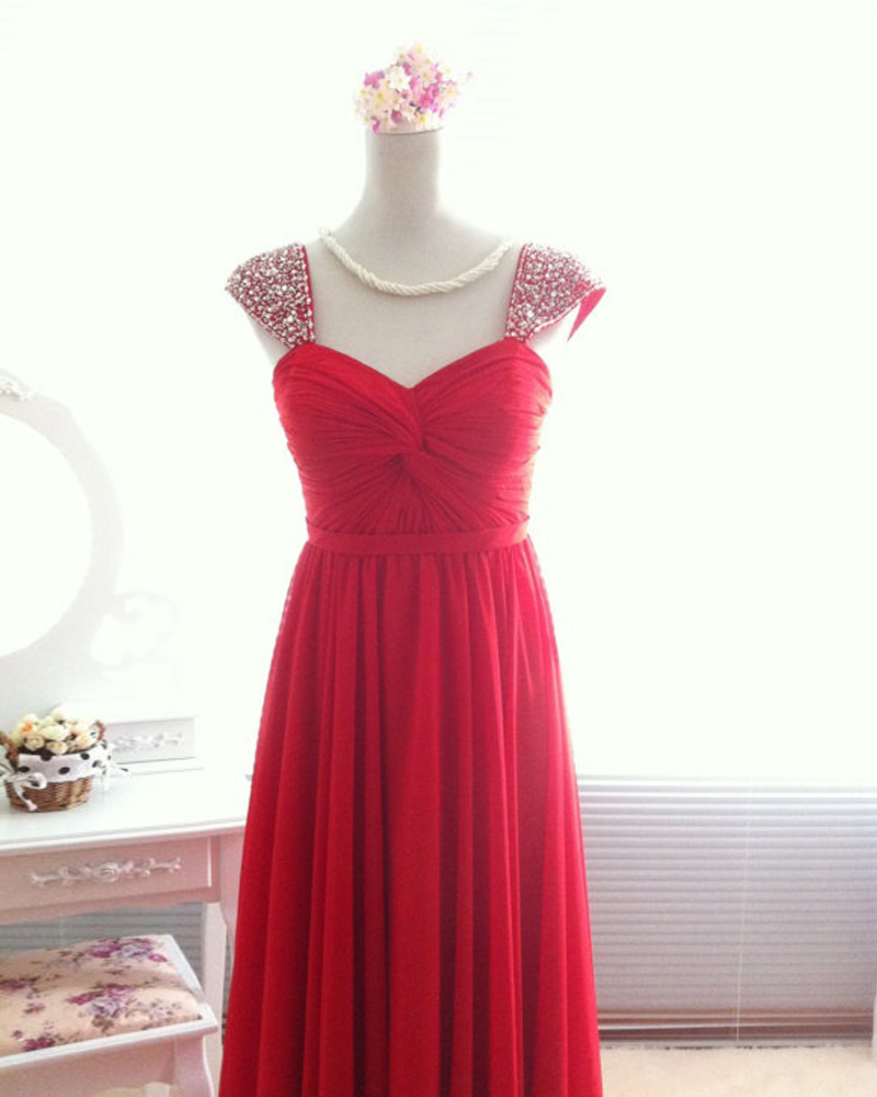 Inspired Cap Sleeve Chiffon Prom Gowns Long Red Beaded Party Dresses