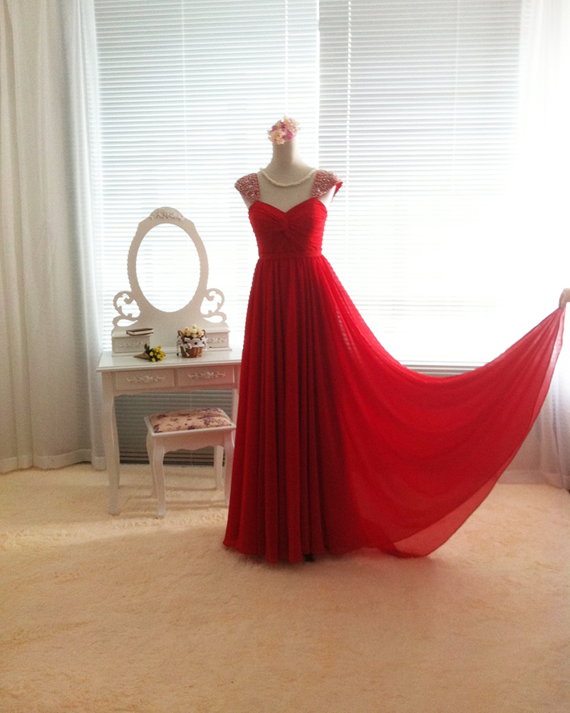 Jewel Cap Sleeve Chiffon Knee-length Dress Red