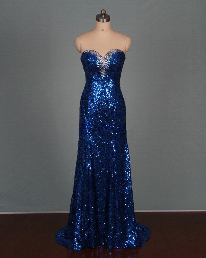 Sparkly Royal Blue Mermaid Formal Dresses Long Royal Blue Sequined Sweetheart Party Dresses With Court Train