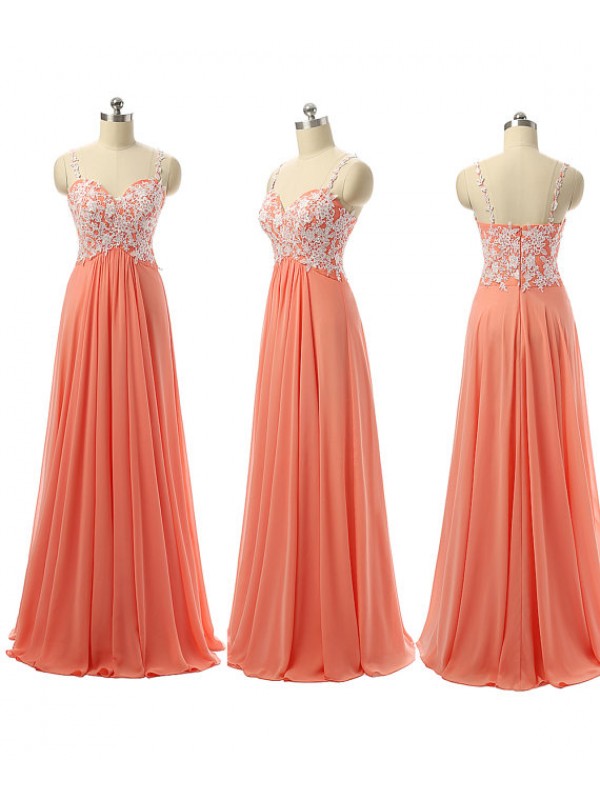 Long Coral Spaghetti Straps Chiffon Bridesmaid Dresses With Lace Bodice, Long Elegant Prom Dresses, Wedding Party Dresses