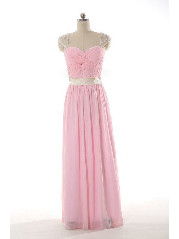 Pink Beaded Cap Sleeve Chiffon Bridesmaid Dresses, Floor Length Elegant Chiffon Formal Dresses, Wedding Party Dresses,prom Gowns