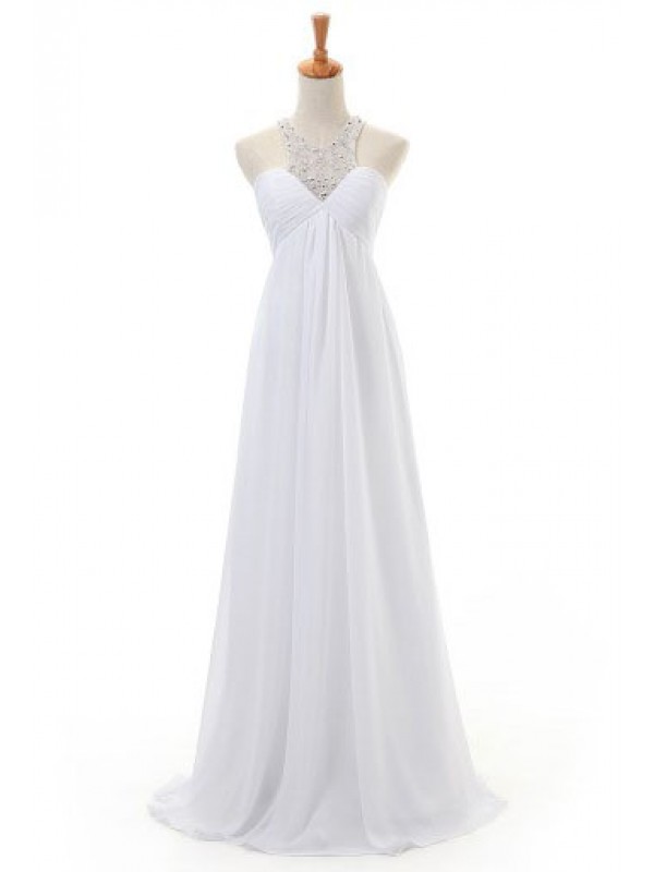 White Illusion Halter Neck Chiffon Bridesmaid Dresses, Charming Floor Length Beaded Chiffon Formal Dresses, Wedding Party Dresses,prom Gowns