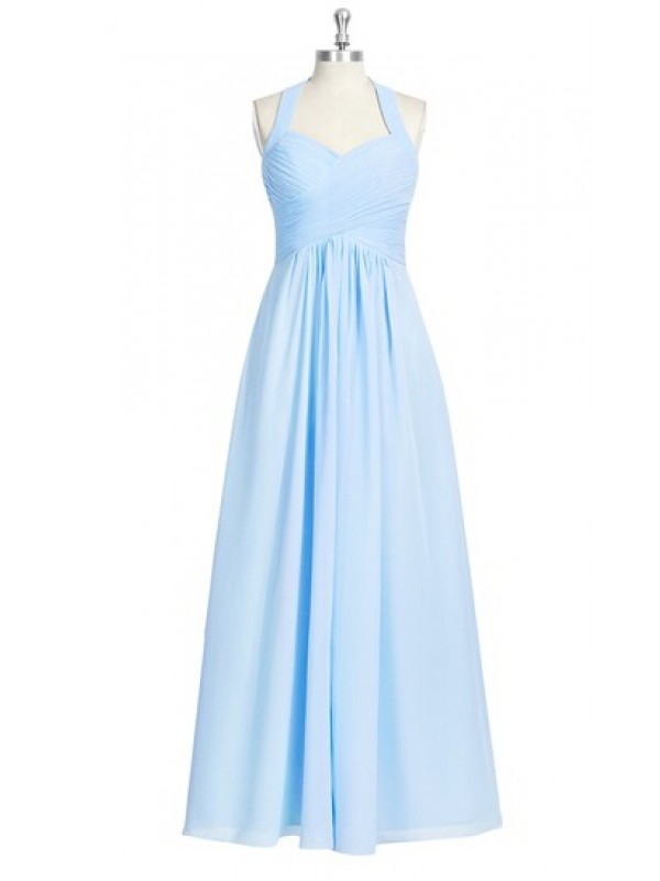 Charming Light Blue Halter Neckline Chiffon Bridesmaid Dresses, Simple Ruched Long Formal Dresses, Wedding Party Dresses, Evening Gowns