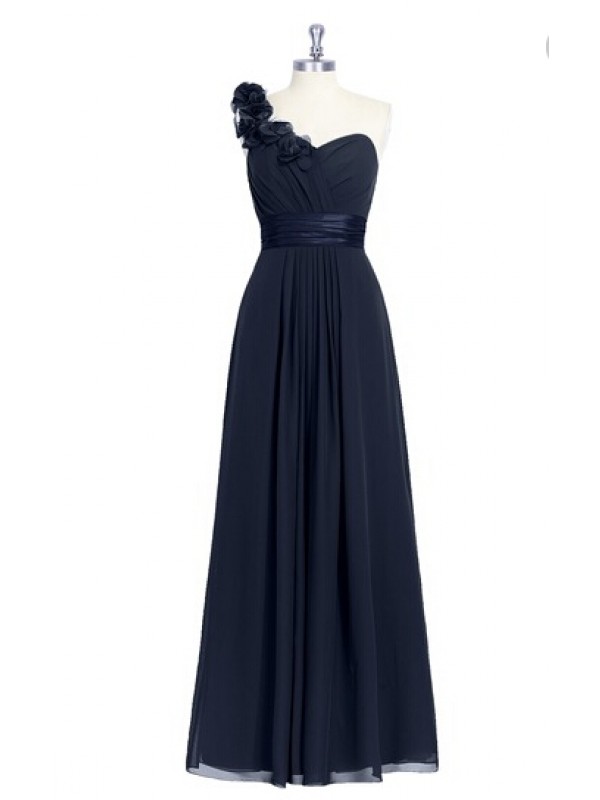 Junoesque Floral Dark Navy One Shoulder Chiffon Bridesmaid Dresses, Simple Long Ruched Formal Dresses, Wedding Party Dresses, Evening Gowns