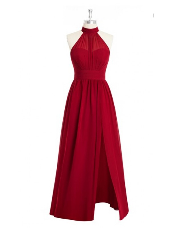 Stunning Halter Neckline Red Chiffon Bridesmaid Dresses,elegant Long Ruched  Formal Dresses, Wedding on Luulla