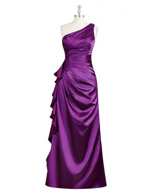Junoesque Purple Satin Ruched Bridesmaid Dresses , One Shoulder Floor Length Wedding Party Gowns