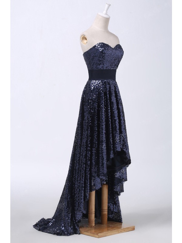 Navy Blue Sweetheart Sequined High-low Prom Dress, Evening Dress, Party Dress