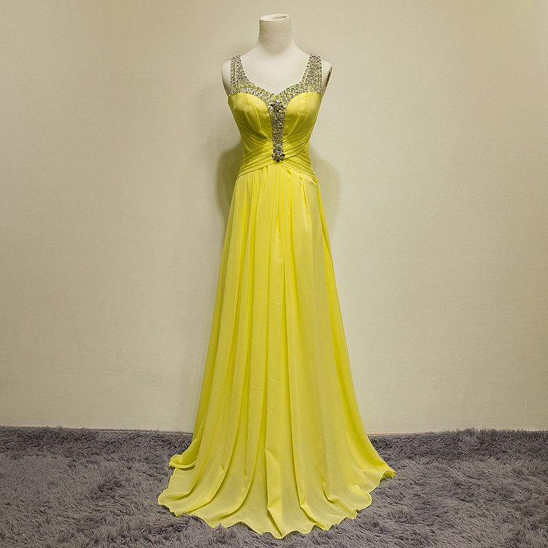 Charming Yellow V Neck Prom Gowns Strapless Chiffon See Thougth Back Beaded Embellished Formal Dresses