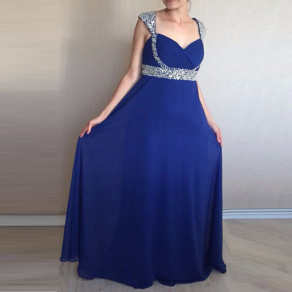 Fashion Royal Blue Prom Gowns Long Chiffon Cap Sleeve Beaded Embellished Formal Dresses