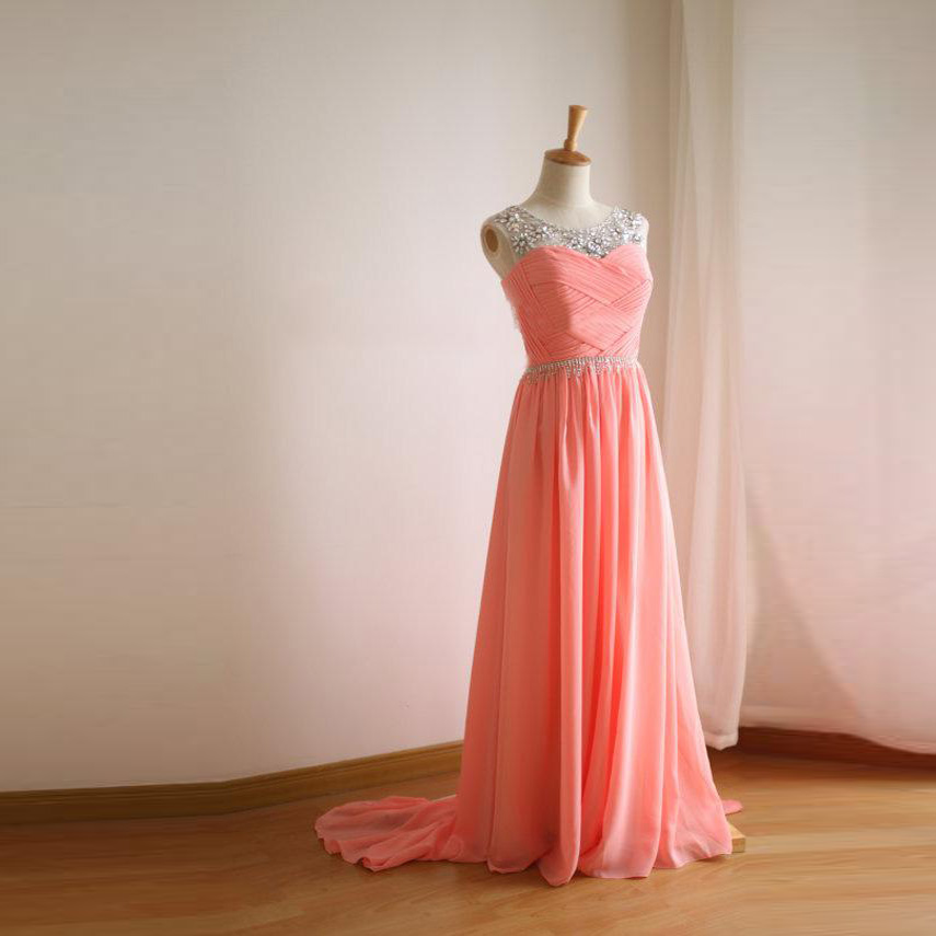 Fashion Coral Illusion Neckline Prom Gowns Long Chiffon Rhinestones Beaded Embellished Formal Dresses With Ruched Bodice And Court Train