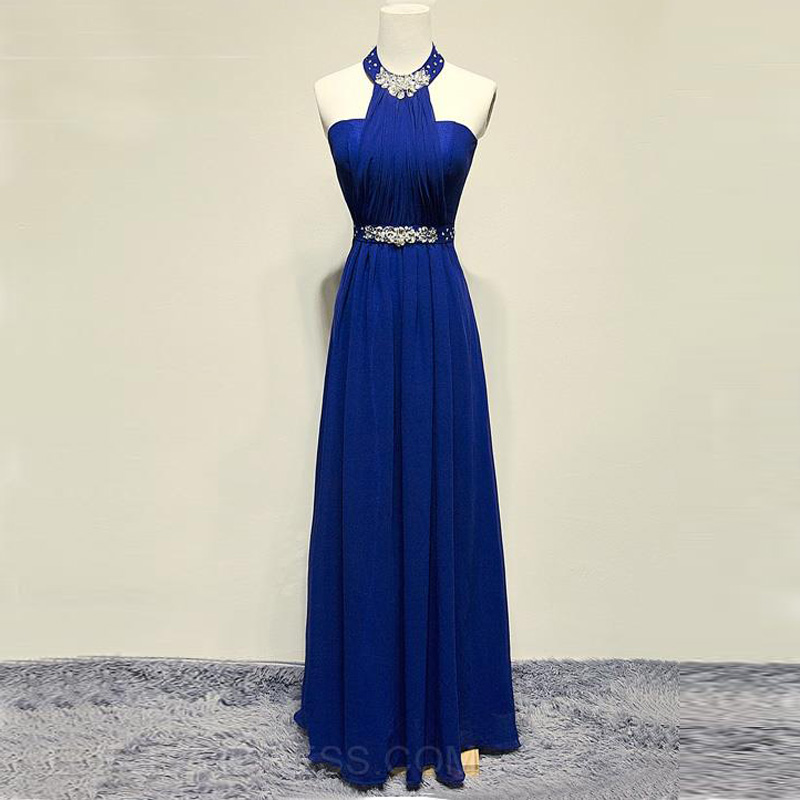 Elegant Long Royal Blue Prom Dresses Halter Neckline Beaded Evening Gowns