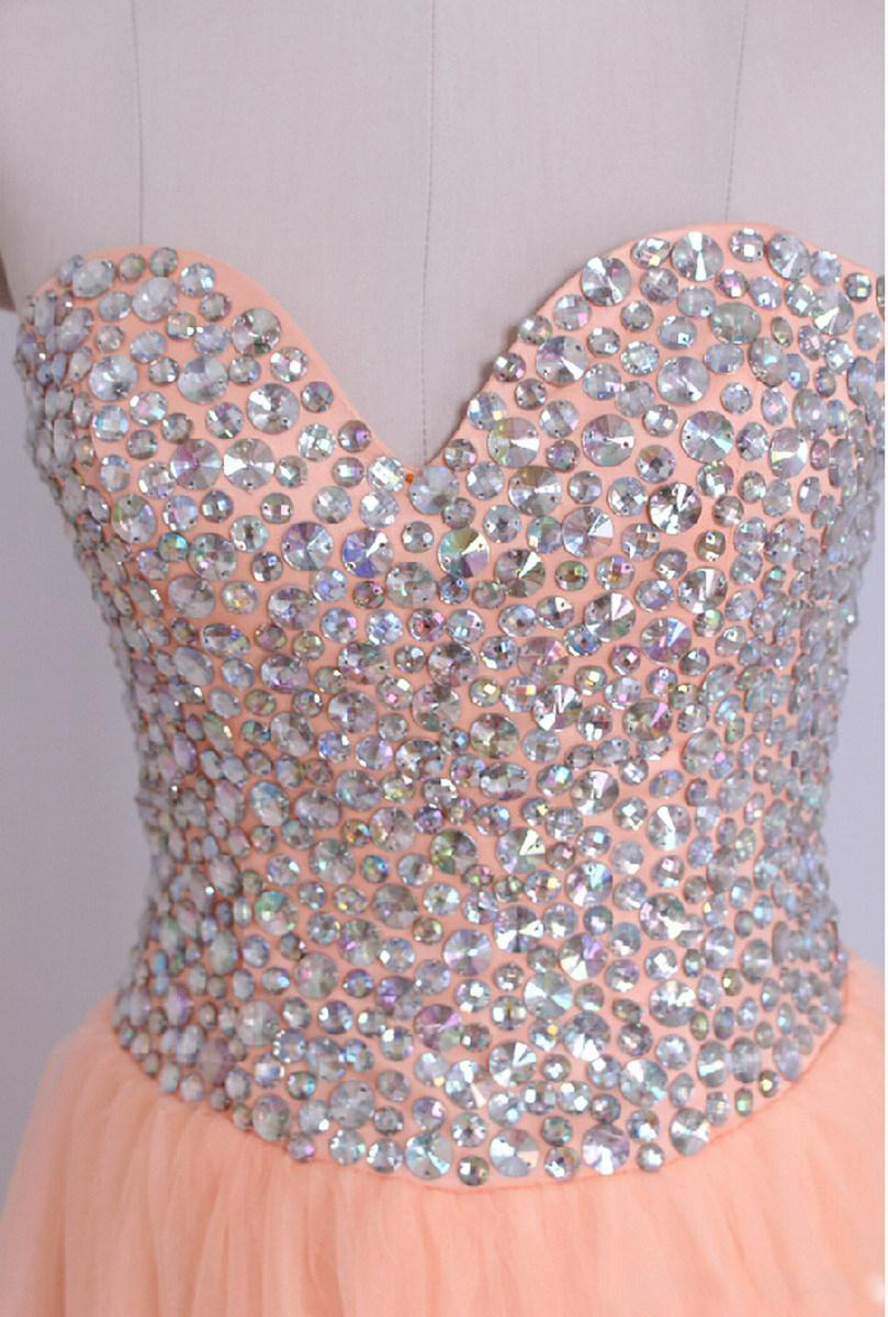 Sparkly Rhinestones Embellished Prom Dresses Sweetheart Tulle Coral