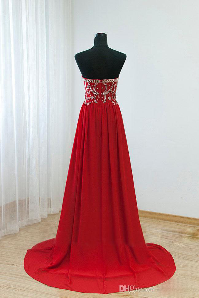 Long Elegant Red Prom Dresses Sweetheart Rhinestones Beaded Embellished ...