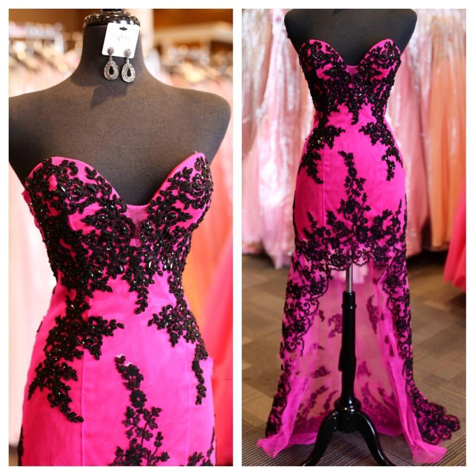 Sexy Fuschia Sweetheart High Low Prom Dresses Black Lace Appliques Formal Gowns With Court Train