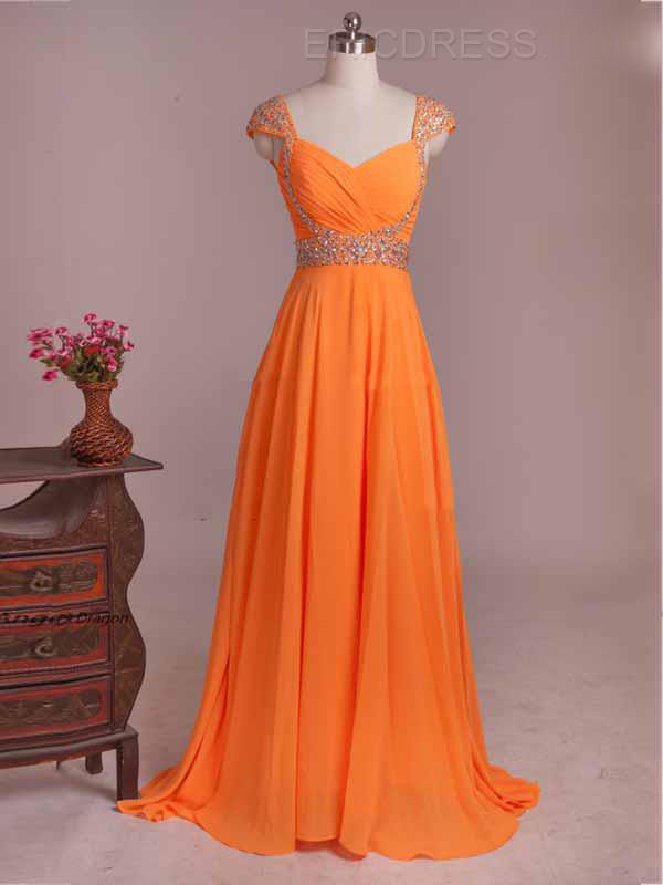 Stunning Cap Sleeve Prom Dresses Orange Sweetheart Beaded Formal Gowns With Court Train