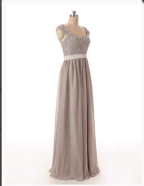 Elegant Long V Neck Gray Prom Dresses Long Chiffon Beaded Backless Evening Party Gowns