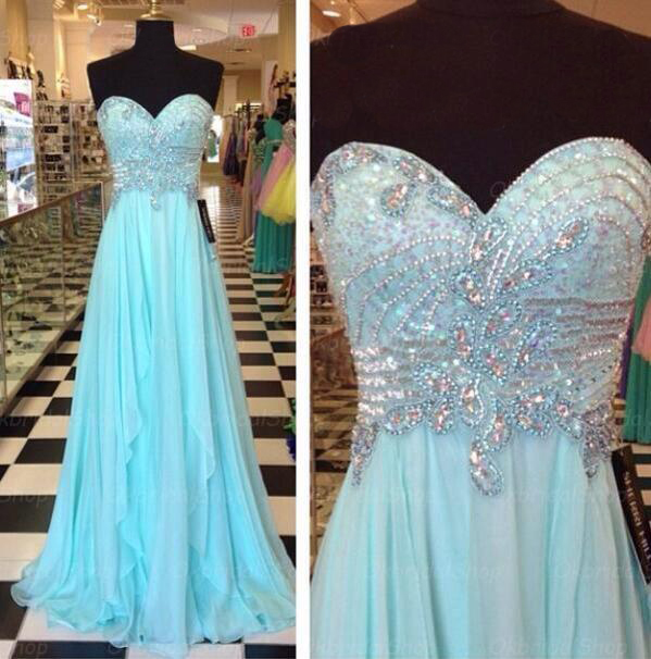 Sparkly Light Blue Sweetheart Prom Dresses Floor Length Beaded Rhinestones Embellished A Line Evening Party Gowns 