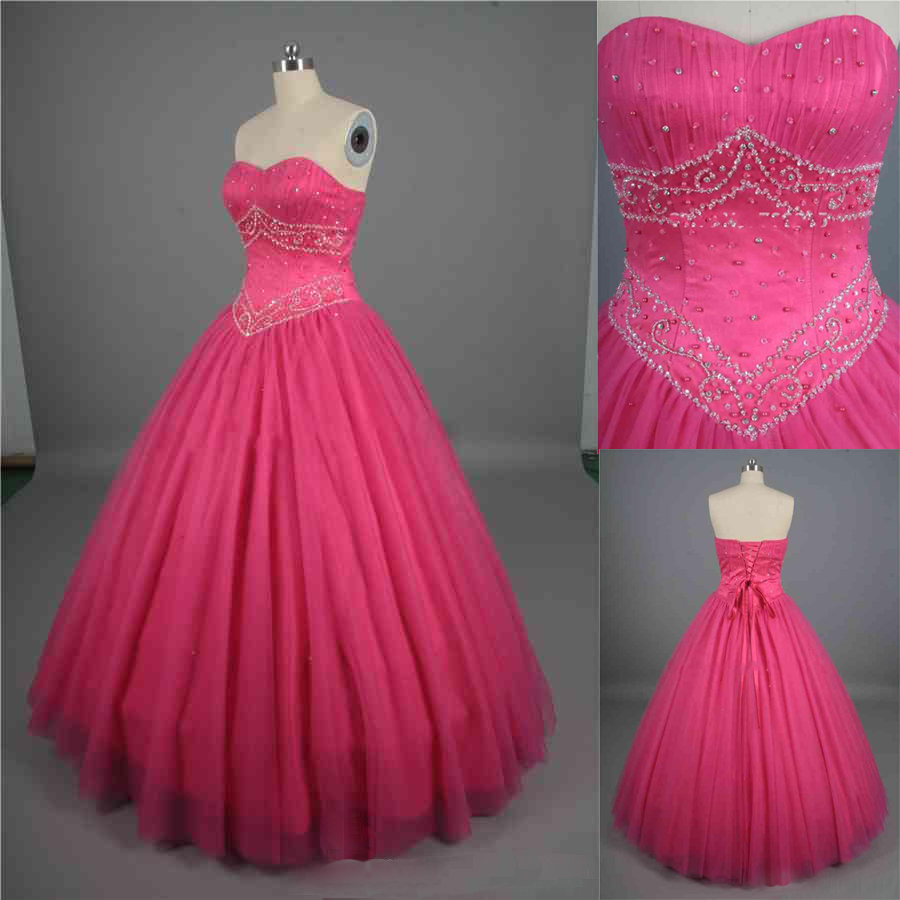 Pink Ball Gown Prom Dresses Beaded Ruched Sweetheart Organza Formal Dresses