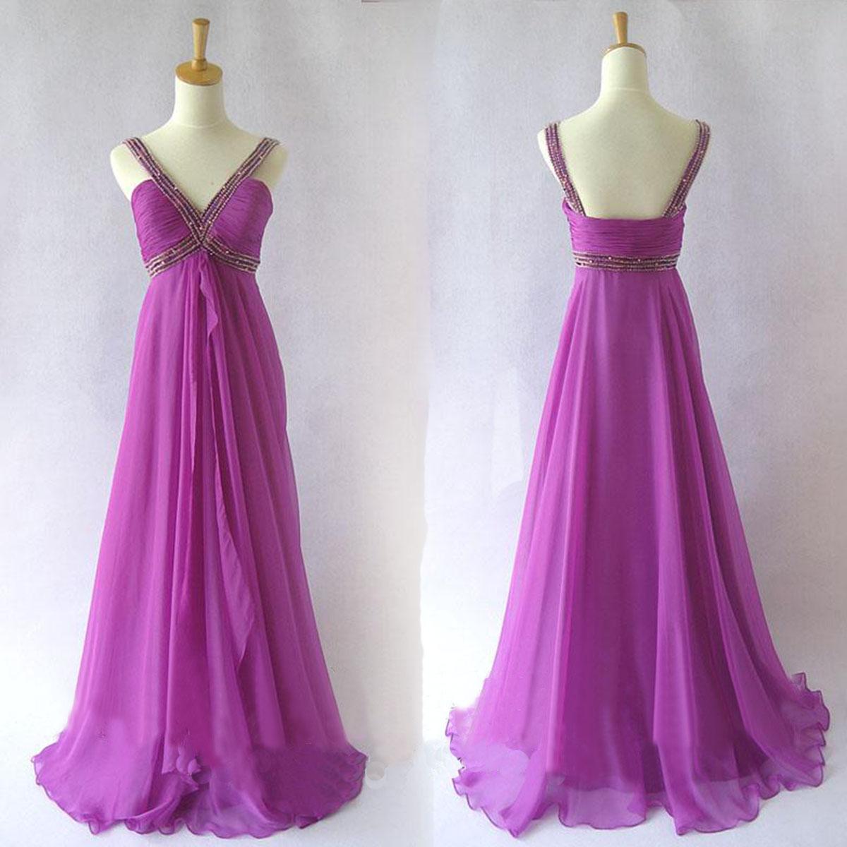 Long Elegant Purple Off The Shoulder Prom Gowns, Floor Length V Neck Chiffon Formal Dresses, Long Purple Bridesmaid Dresses