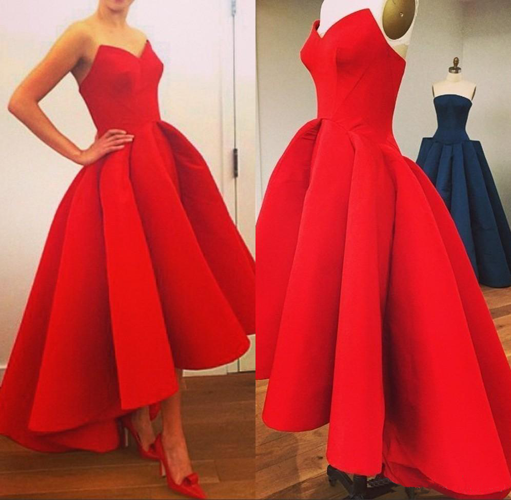 High Low Red Prom Gowns, Floor Length V Neck Satin Formal Dresses, Long Red Front Short And Long Back Bridesmaid Dresses