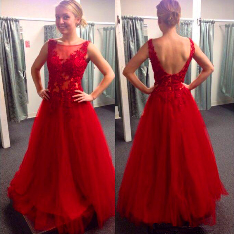 Brilliant Illusion Neckline Red Prom Gowns Tulle Lace Appliques Backless Formal Dresses
