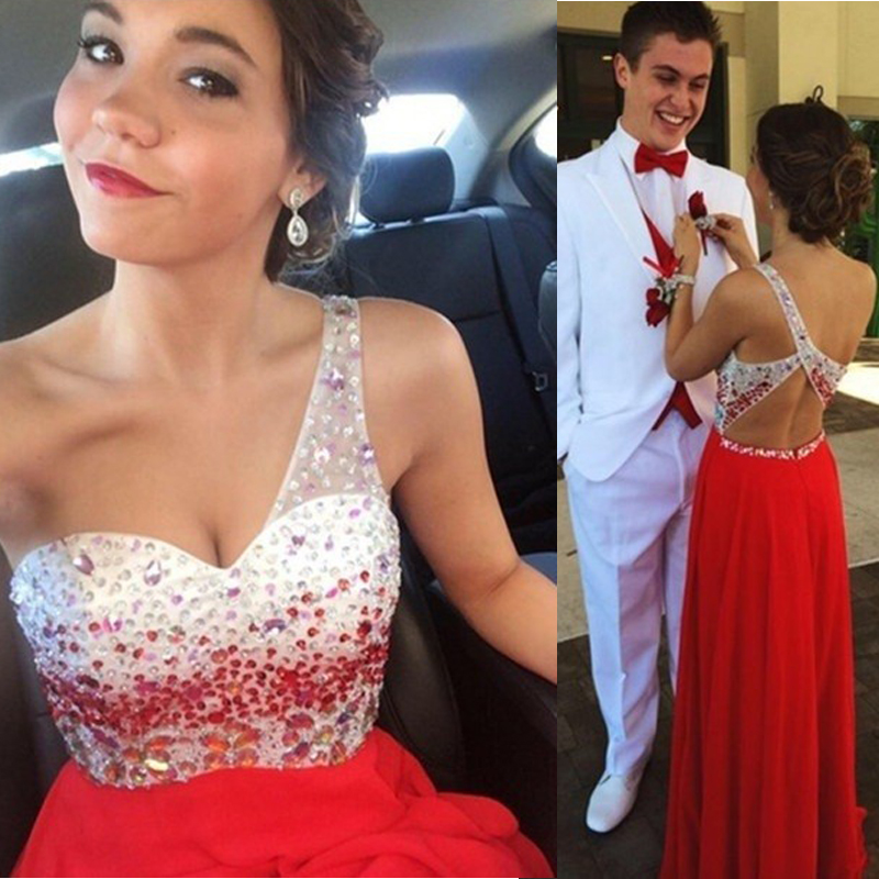 Red Beaded Embellished One Shoulder Prom Dresses Floor Length Chiffon Backless Formal Evening Gowns