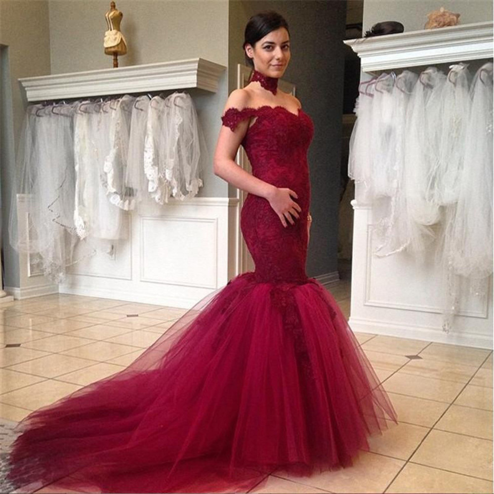 Stunning Burgundy Lace Mermaid Prom Dresses Long Off The Shoulder Tulle Evening Party Gowns