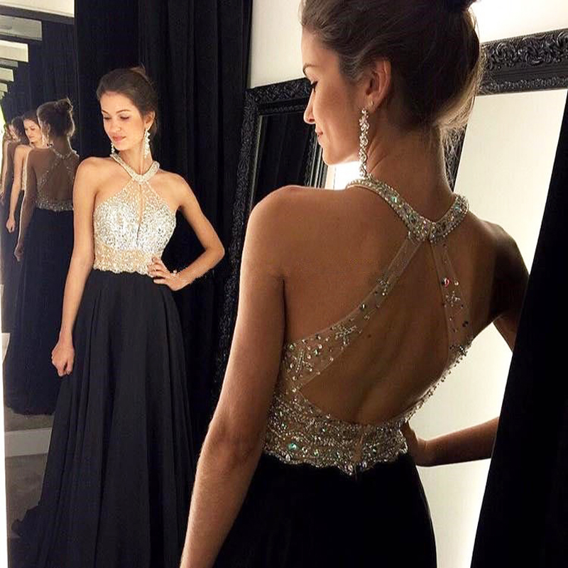 Sexy Black Prom Dresses Featuring Sheer Halter Neckline Rhinestones Beaded Long Chiffon Evening Gowns