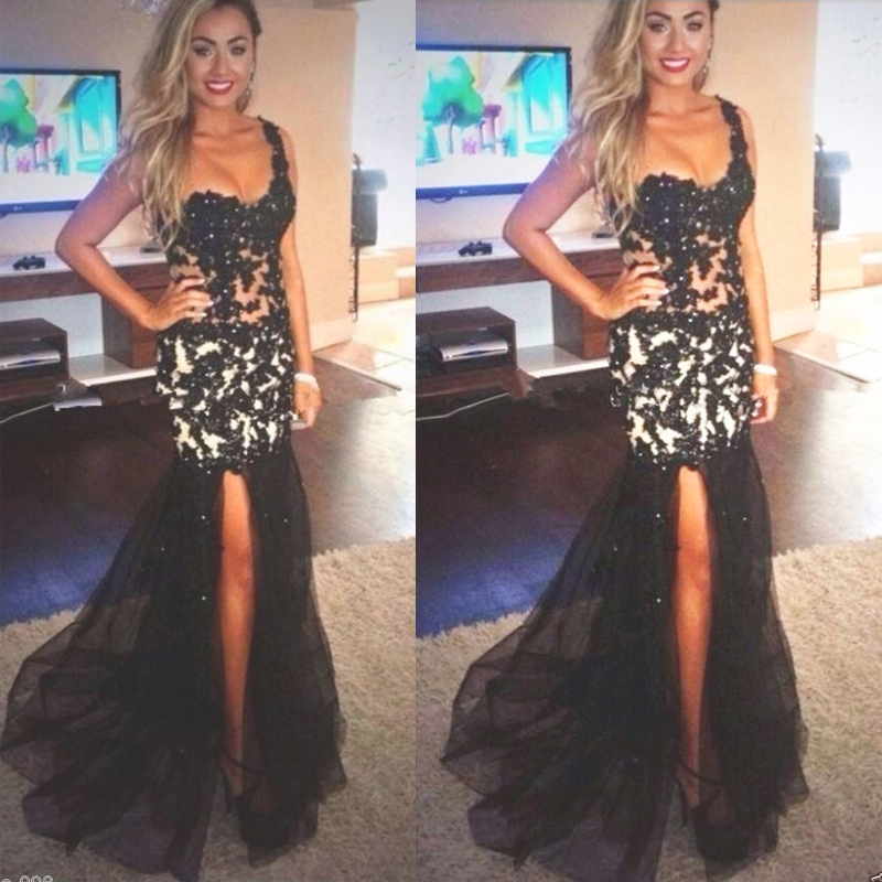 Sexy Black One Shoulder Prom Dresses Featuring Lace Appliqué And Side Split Long Beaded Mermaid Evening Gowns
