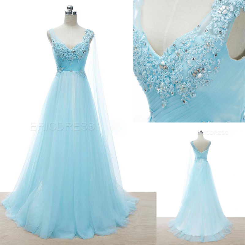 Lace Appliqué Light Blue Prom Dresses Featuring V Neck Beaded Floor Length A Line Evening Gowns