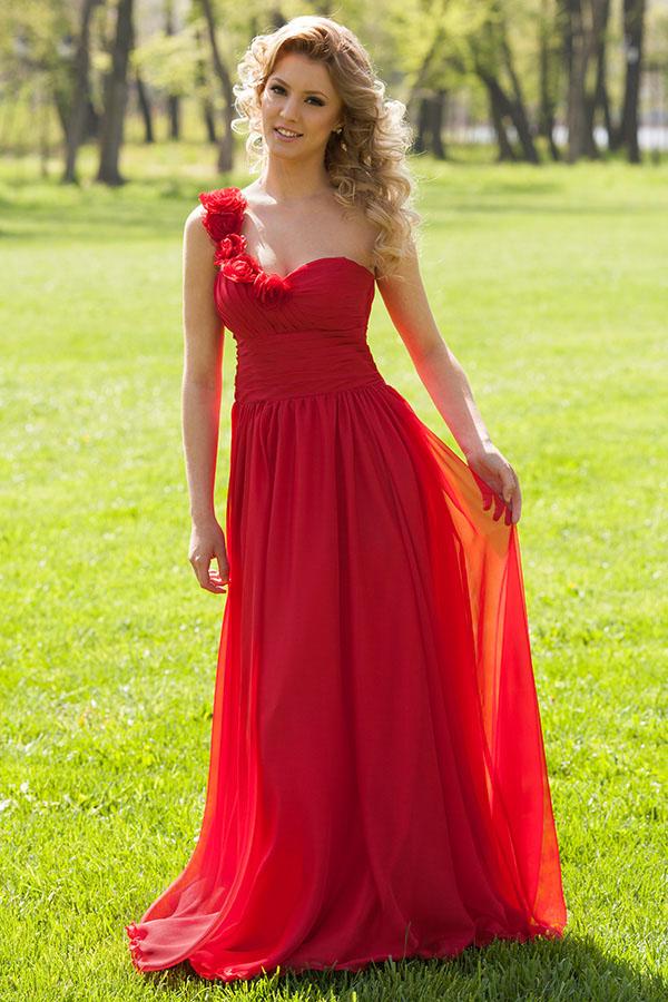 Elegant Red Prom Dresses Featuring Floral One Shoulder And Lace Up Back Chiffon Long Formal Evening Gowns