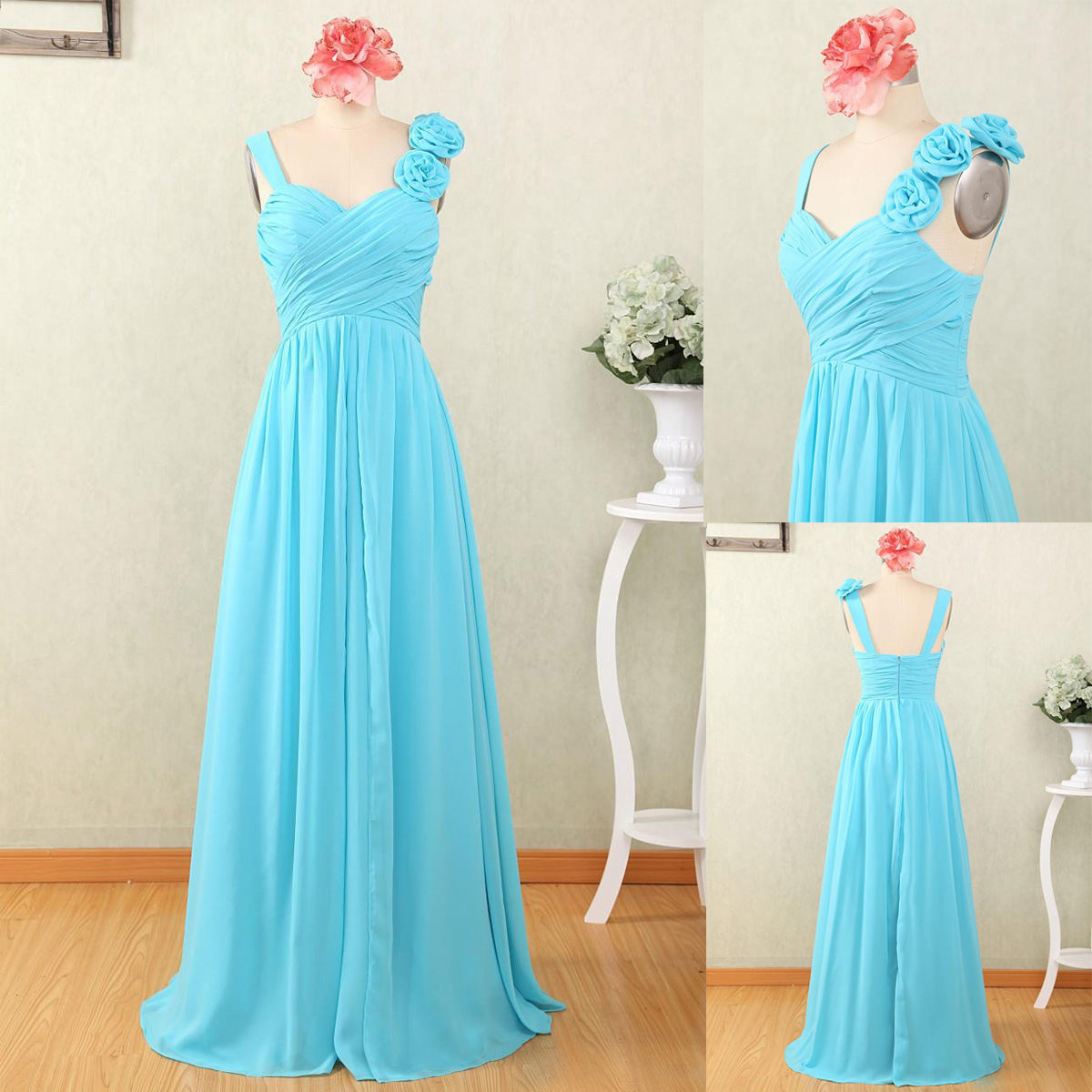 Sky Blue Spaghetti Straps Prom Dresses Featuring Floral Shoulder And Ruched Bodice Chiffon Long Formal Evening Gowns