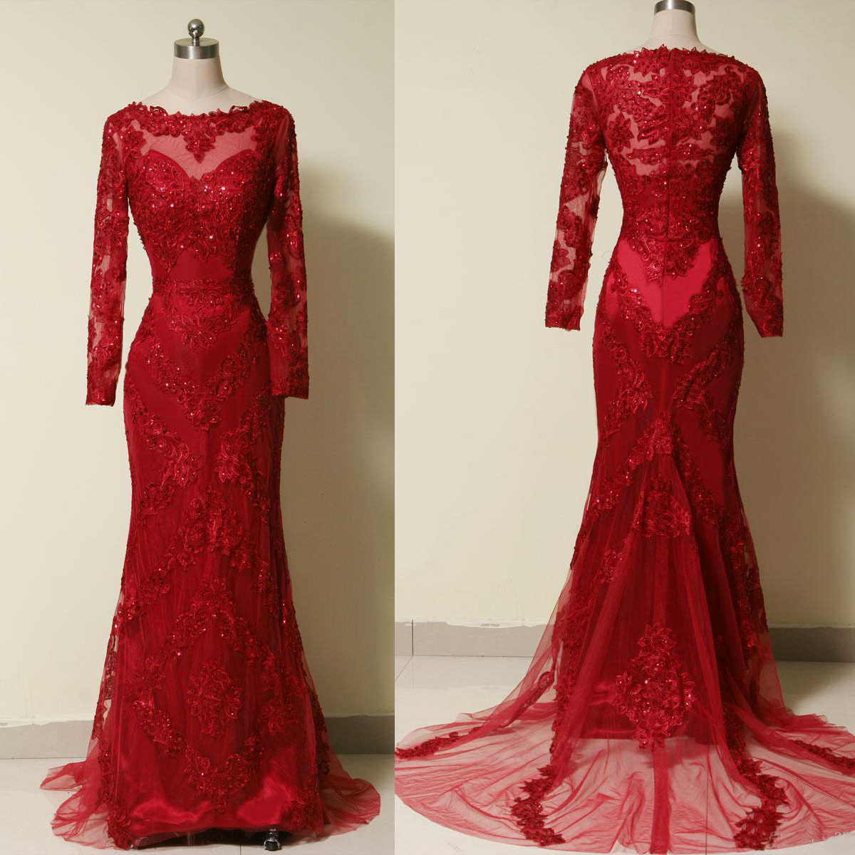 Burgundy Lace Appliques Tulle Trumpet Formal Dresses Featuring Long Sleeve and Sheer Bateau Neckline - Prom Dresses,Party Dress