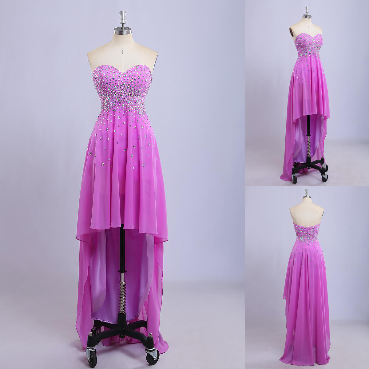 Pink Chiffon High Low Formal Dresses Featuring Ab Stones And Sweetheart Neckline - Prom Dresses,party Dress