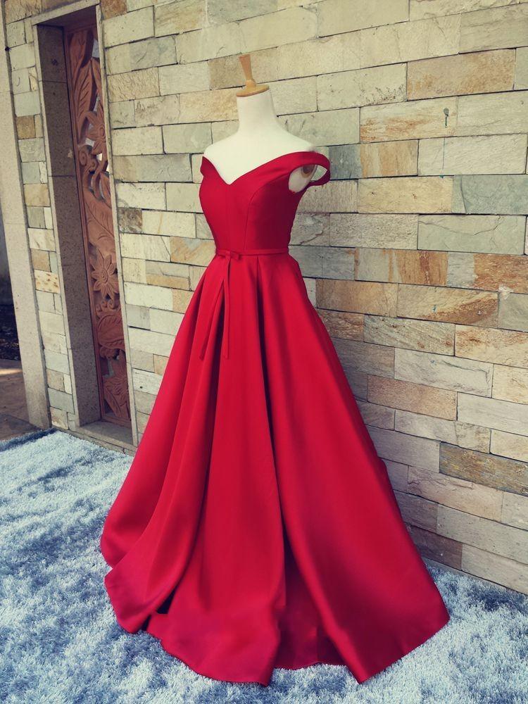 Red Satin A Line Formal Dresses Featuring Ruched Skirt And V Neckline - Prom Dresses,party Dress