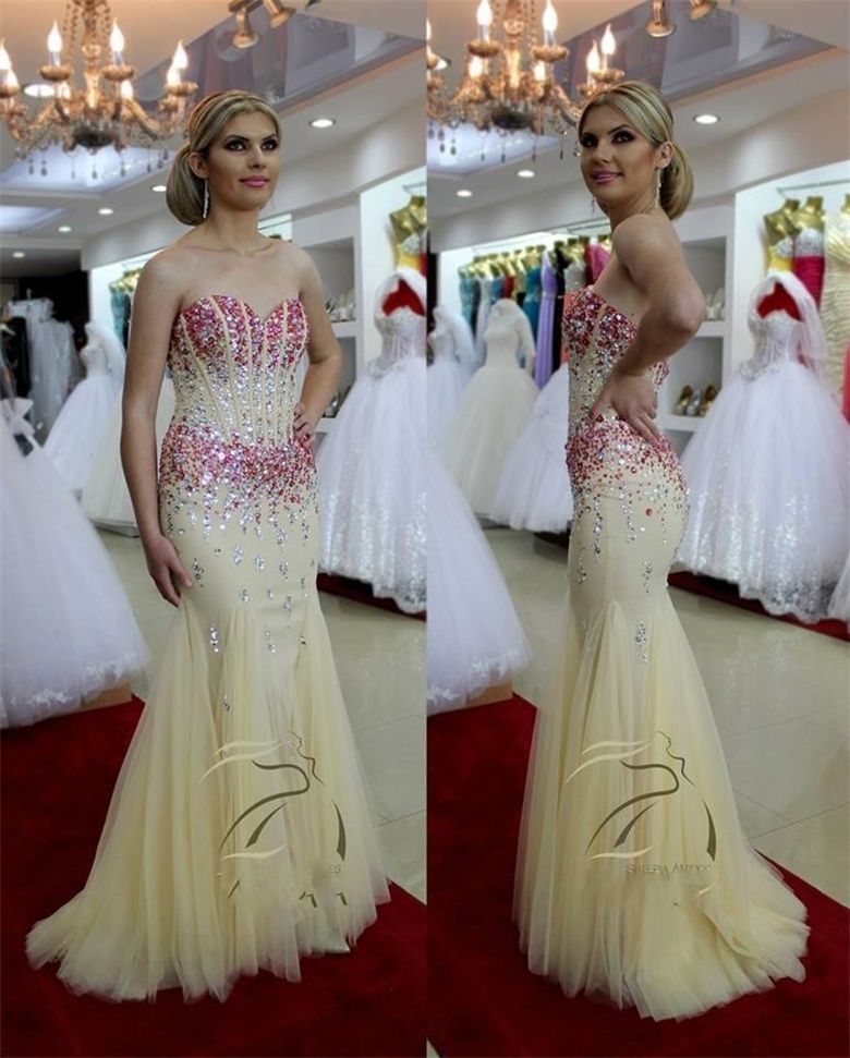 Yellow Rhinestones Beaded Tulle Beaded Mermaid Prom Dresses Showcases Sweetheart Neckline And Zipper Back - Formal Dresses,Party Dress 