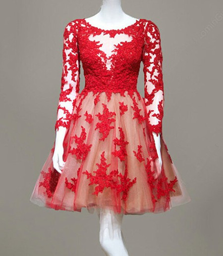 Red Lace Appliqués Tulle Short Prom Dresses Showcases Three Quarter Sleeves And Zipper Back - Formal Dresses,party Dress