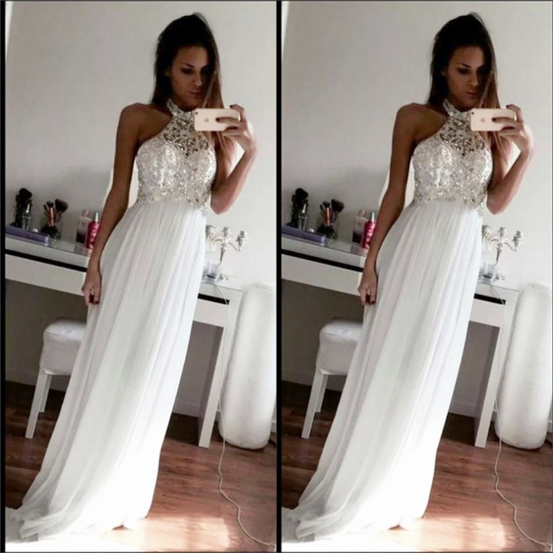 Sexy Women Beaded Formal Dresses White Chiffon Evening Party Gonws With Halter Neckline