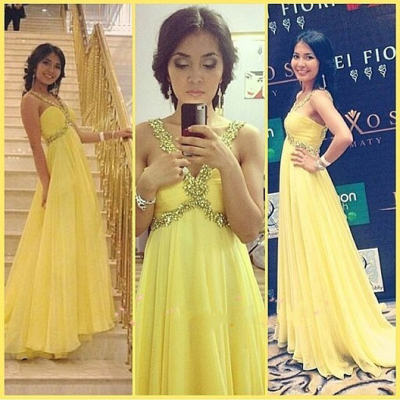 Elegant Beaded Empire Formal Dresses Yellow Chiffon Evening Party Gonws With Sweetheart Neckline
