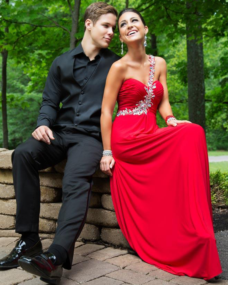 Red Rhinestones Beaded One Shoulder Chiffon Prom Dresses With Sweetheart Neckline - Long Elegant Evening Formal Gowns