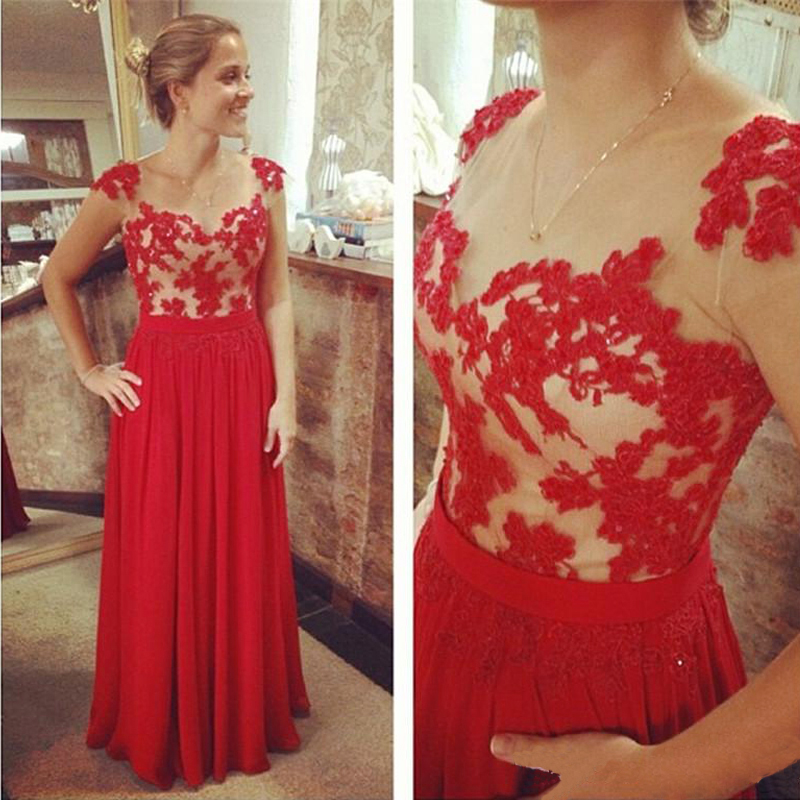 Red Lace Appliqué Cap Sleeve Chiffon A Line Prom Dresses Featuring Sheer Bateau Neckline And Zipper Back - Long Elegant Evening Formal Gowns