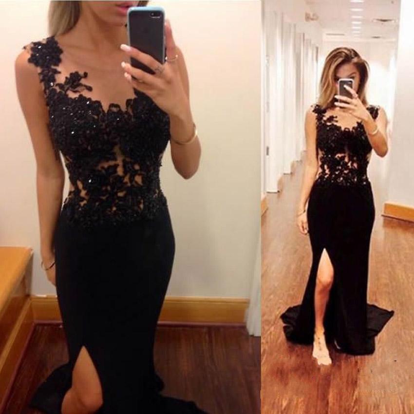Black Lace Appliqué And Beaded Chiffon Mermaid Prom Dresses Featuring Sheer Bateau Neckline And Side Split - Long Elegant Evening Formal Gowns