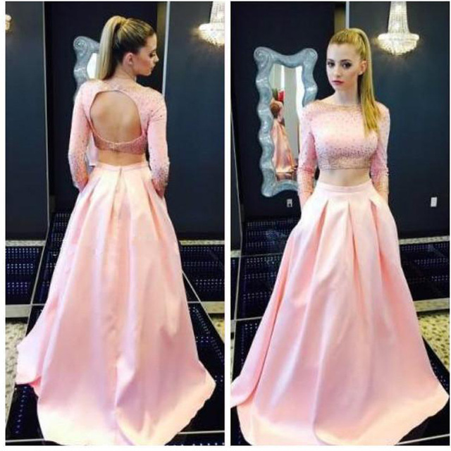 Sexy Long Pink Backless Two Piece Prom Dresses With Long Sleeve Satin Bateau Neckline Beaded Evening Gowns 