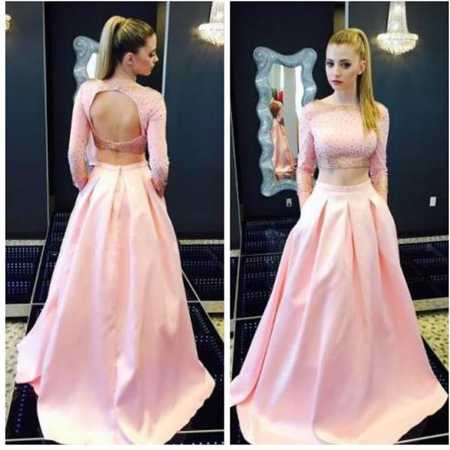 Sexy Long Pink Backless Two Piece Prom Dresses With Long Sleeve Satin Bateau Neckline Beaded Evening Gowns