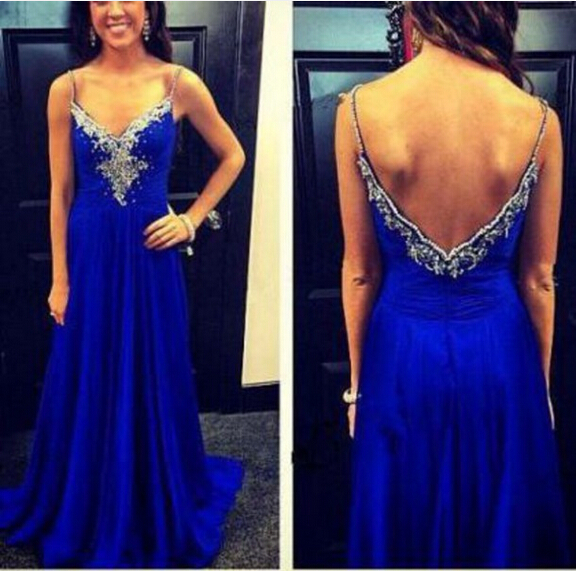 Sexy Long Royal Blue Chiffon Prom Dresses With Beaded V Neck Spaghetti Straps Evening Gowns