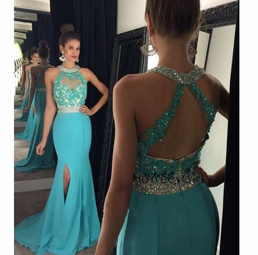 Sexy Long Lace Appliques Light Blue Chiffon Mermaid Prom Dresses Featuring Sheer Halter Neckline And Side Split Backless Evening Gowns