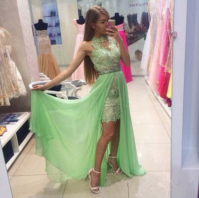 Elegant Long Lace Appliques Sage Green Chiffon Prom Dresses Featuring Sheer Halter Neckline And Beaded Belt Evening Formal Gowns