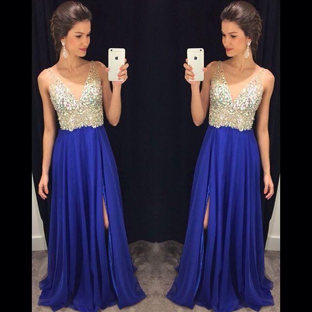 Elegant Long Royal Blue Chiffon Prom Dresses Featuring Plunge V And Rhinestones Beaded Bodice Floor Length Side Split Evening Formal Gowns