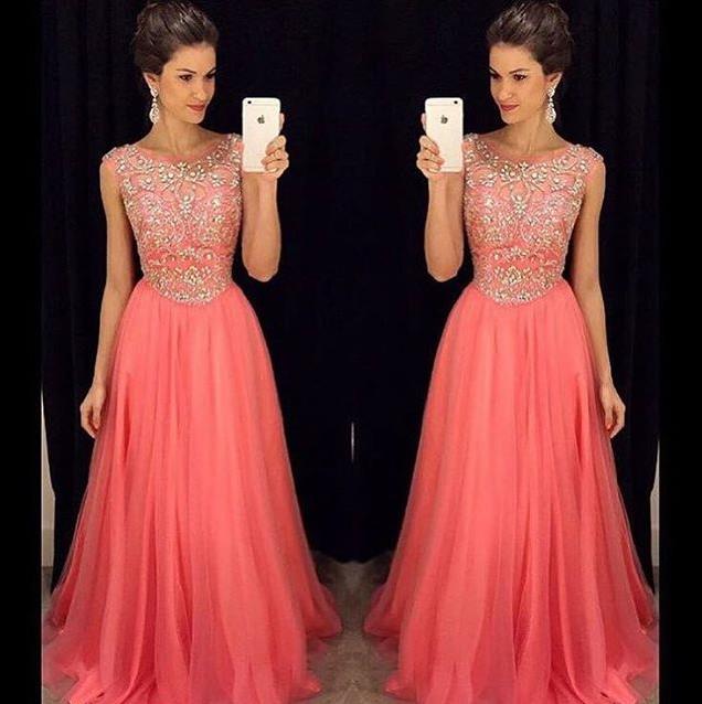 Coral Floor Length Rhinestones Beaded Chiffon Prom Dresses Featuring Sheer Bateau Neckline Long Elegant Evening Formal Gowns