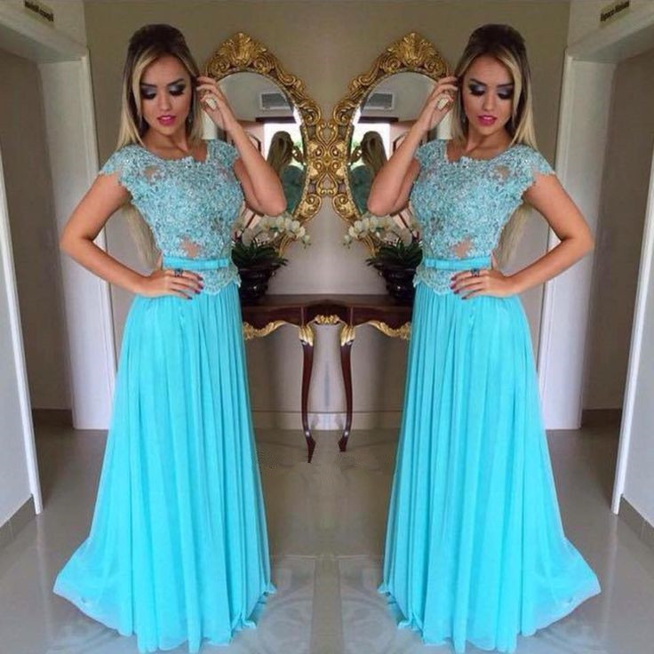 Light Blue Floor Length Chiffon Prom Dresses Featuring Lace Bodice And Sheer Neck,Bow Accent Belt Long Elegant Evening Formal Gowns 